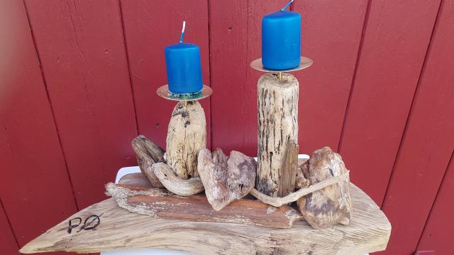 Photophore en bois flotté d'Oléron bougies bleues